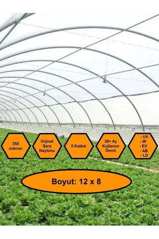 Sera Naylonu, 36 Aylık, 5 Katkılı, 350 Micron 12x8 Şeffaf Sera Örtüsü, Uv Dayanımlı, Ir, Ev, Ab, Ld