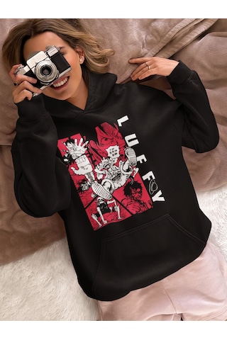 Sevbano Monkey D. Luffy One Piece Baskılı Unisex Oversize Anime Karakter Siyah