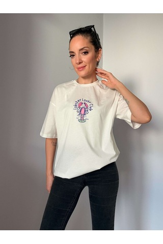 Ali Butik Ekru Lobster Lover Club Baskılı Tişört Ekru