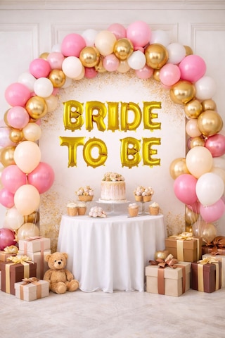 Bride To Be Tema Gold Folyo Harf Pembe Beyaz Gold Kum Beji Balonlu Pompa Hediyeli Süsleme Altın - Pembe