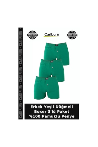 Carlburn Premium Erkek Yeşil Düğmeli Boxer 3'lü Paket %100 Pamuklu Penye Gardrop Günlük Rahat