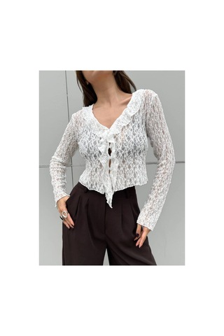 First Angels Dantelli Crop Bluz Ekru Ekru