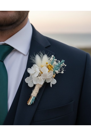 Beyaz Ortancalı Kuru Çiçek Damat Yaka Çiçeği, Nikah, Nişan Ve Düğün Aksesuarı Sarı