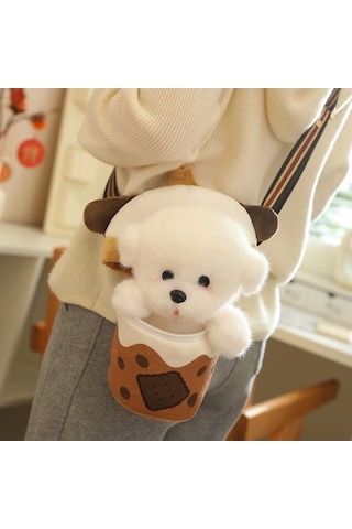 Ebitda Sevimli Çay Fincanında Köpek Yavrusu Peluş Çocuk Omuz Çantası Kahverengi Kahverengi