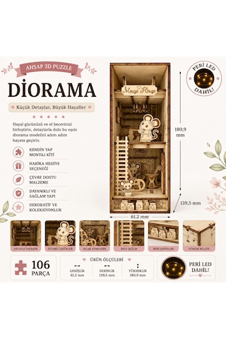 Algwooddesign Mouse House Book Nook Ahşap Maket, 106 Parça Dıy Minyatür Fare Evi Dioraması, Peri Led Dahil, Mdf 3d Puzzle, Kitaplık Dekorasyon Seti, 13,95 X 6,12 X 18,09 Cm