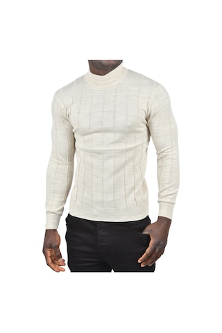 Deepsea Erkek Bej Slim Fit Likralı Tüylenme Yapmayan Yarım Balıkçı Çizgili Triko Yarım Boğazlı Kazak 2505503 Bej