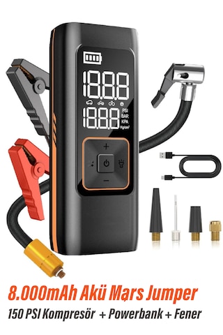 Akü Takviye Jump Starter 8000mah Araç Marş Basma Cihazı Takviye Kompresör Lastik Şişirme Hava Pompası