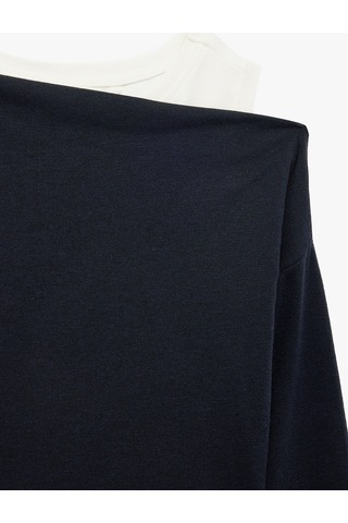 Koton Slim Fit Viskon Karışımlı Asimetrik Yaka Uzun Kollu Katmanlı Tişört Lacivert 7wal10346ık