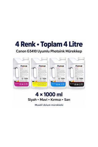 Photoink Canon G3410 Uyumlu 4 Renk Mürekkep Seti 4 x 1000 ml