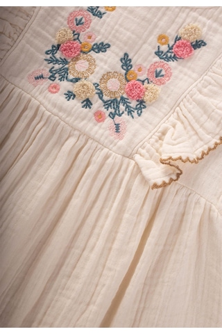 Cigit Etnik Süzene Nakışlı Organik Elbise 1-7 Yaş Naturel Krem