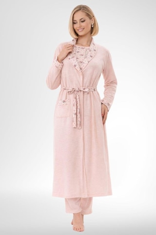 Mecit Pijama Mecit 6316 Pudra Kadın Büyük Beden Sabahlıklı Pijama Takımı Pudra