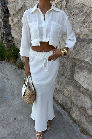 Crop Gömlekli Ve Eteği Büzgülü Tasarım Takım 10201 Beyaz