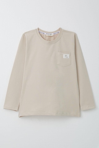 Breeze Erkek Çocuk Uzun Kollu Tişört Cool Yazı Armalı Cepli 4-8 Yaş, Bej Bej