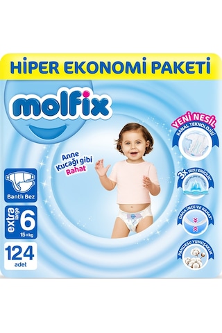 Molfix Bebek Bezi 6 Beden E.large Hiper Ekonomi Paketi 124 Adet