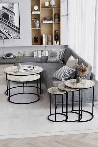 Paris 3'lü C Zigon Sehpa Siyah Metal - Beyaz Mermer Tabla