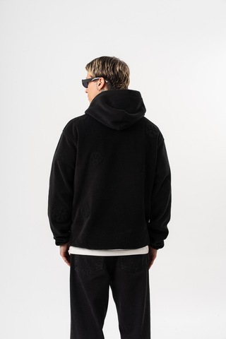 Respire Erkek Süzene Nakış Detaylı Kapüşonlu Oversize Polar Hoodie Siyah