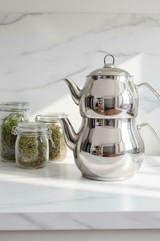 Jumbo Boy Aile Çaydanlık Takımı Paslanmaz Çelik, Parlak Yüzeyli, Isıya Dayanıklı Ergonomik Saplı Gümüş