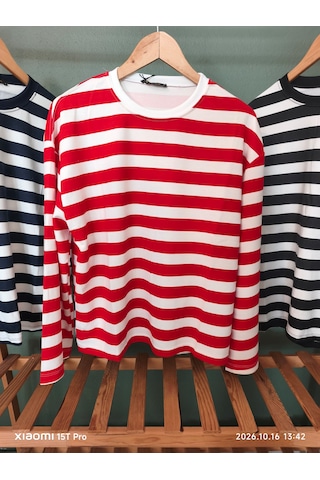 Trendall Kırmızı Çizgili Beyaz Renk Basic Uzun Kollu Tshirt