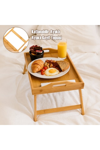 Porsima Katlanır Ayaklı Bambu Tepsi Yatak Keyif Tepsisi 50cm 30cm , Portatif Tepsi Bambu