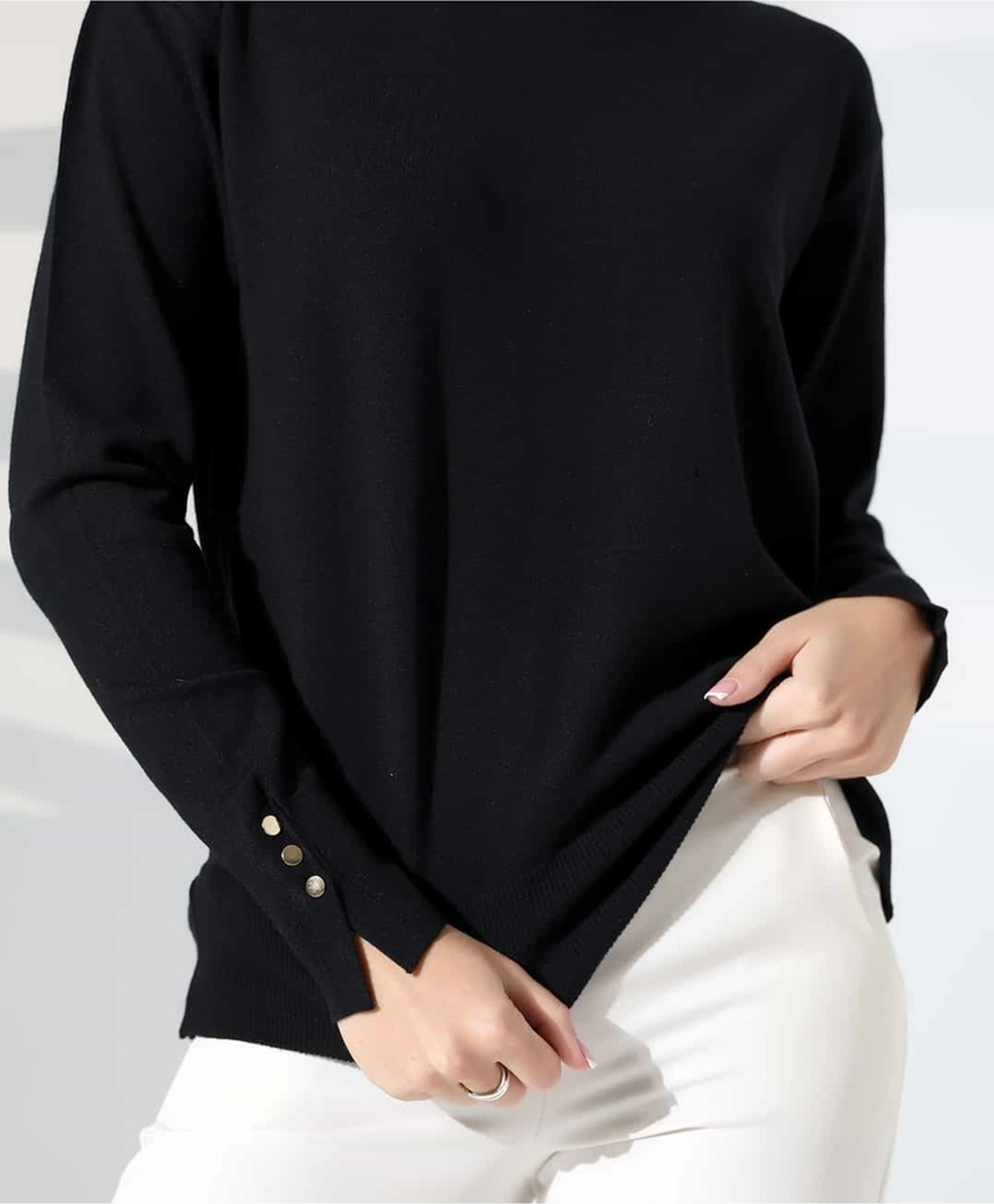 Gündelik Şıklık Kol Düğme Detay Triko Kazak Siyah