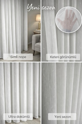 Simli Nope Model Ütü İstemez Tül Perde 1/2 Seyrek Pileli Ultra Dökümlü Özel Ölçü Ekru