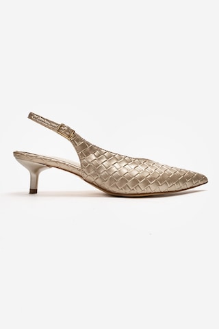 Alewomen Gold Hasır Sivri Burun Arka Açık 4 Cm Topuk Boyu Gormi Stiletto Kadın Ayakkabı Altın Hasır