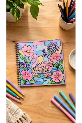 Stained Glass Vitray Flower Garden 20x20 Cm Büyük Boyama Kitabı, Çocuklar Ve Yetişkinler İçin