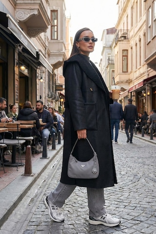 Lela Çift Taraflı Kapüşonlu Oversize Uzun Bayan Kaban 6810295 Siyah