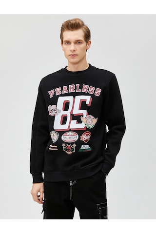 Koton Motosiklet Baskılı Sweatshirt Uzun Kollu Bisiklet Yaka Siyah 3sam70168mk Siyah