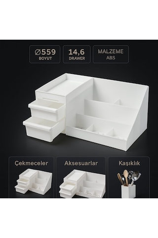 Çok Amaçlı Çekmeceli Mutfak Organizeri - Kaşıklık Çatallık Baharat Ve Aksesuar Düzenleyici Beyaz