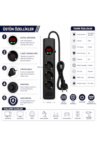 Sh-4634 3 Lü Akım Korumalı Priz Dijital Voltaj Göstergeli 2500w 2 Metre Kablolu Anahtarlı Topraklı Çoklu Grup Priz 2 M