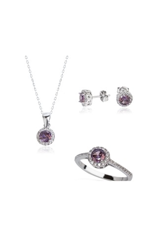 925 Ayar Gümüş Mor Tek Taşlı Set