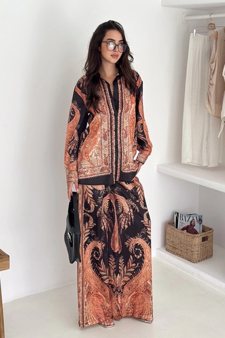 Saten Kumaş Desenli Alt-üst Takım Kahverengi