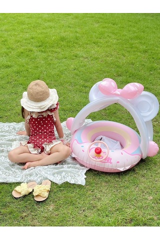 Sevimli Direksiyonlu Güneş Korumalı Plaj Havuz Deniz Bebek Yüzme Simidi 0-4 Yaş Pembe
