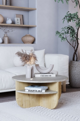 Rubo Orta Sehpa Raflı Iskandinav Orta Sehpa 72 Cm, Bohem - Traverten & Safir Meşe