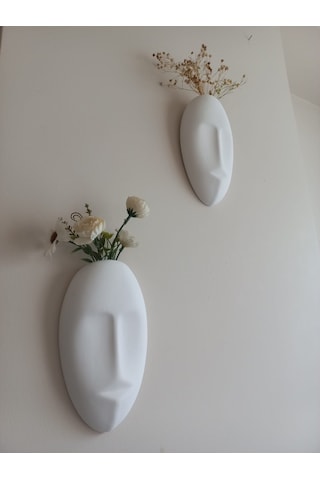 Dekoratif 2'li Yüz Duvar Vazosu, Duvar Süsü ,heykel Aksesuar Beyaz
