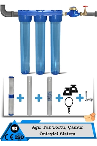 WaterMelon 20 Inç 3 Aşama Daire Bina Sayaç Girişi Su Arıtma Cihazı Yıkanabilir-1 Mikron-5Mikron