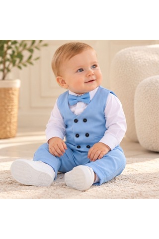 Maxx Kleın Erkek Bebek Bebe Mavisi Yelekli Takım Elbise Gömlek Papyon Pantolon 6-9-12-18-24 Ay Mavi