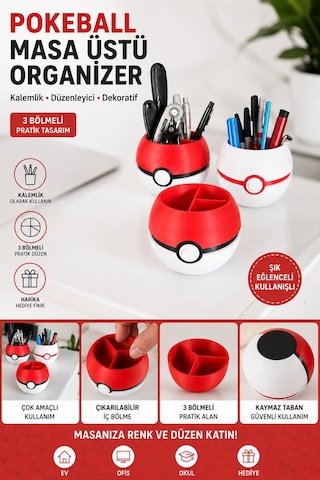 Pokéball Tasarımlı 3 Bölmeli Masaüstü Organizer Kalemlik - Dekoratif Masa Düzenleyici Çok Renkli