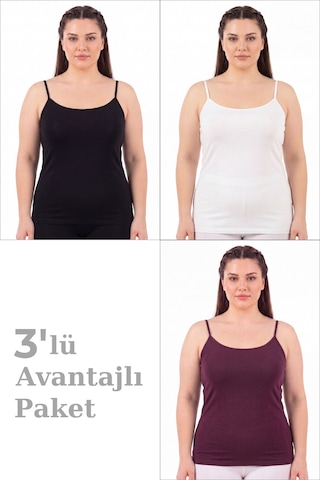 Arma Yıldız Kadın Büyük Beden İp Askılı Atlet Pamuklu Likralı Yumuşak Esnek Kumaş 3'lü Paket Mürdüm Beyaz Siyah