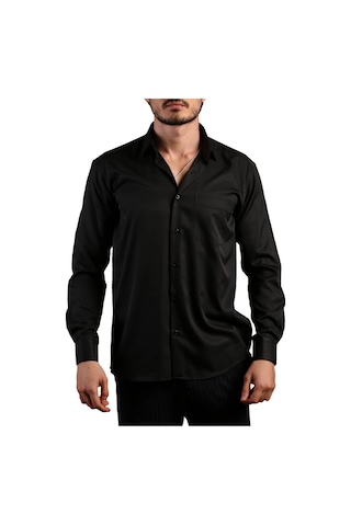 Siyah Büyük Beden Rahat Kesim Micro Kumaş Kol Düğmeli Regular Fit Erkek Gömlek - 190-6 001