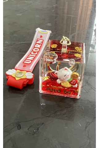 Feng Shui Şans Ve Bereket Kedisi Figürlü Sulu Anahtarlık / Çanta Süsü Patili Kedi Model 2 Maneki Neko