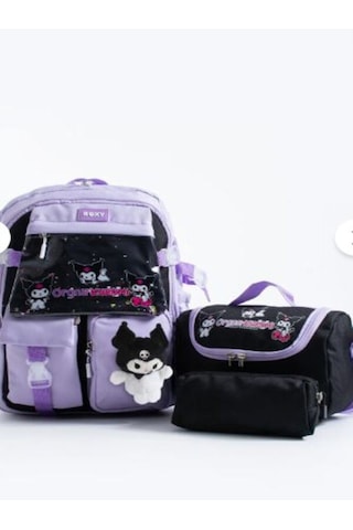 Trg Roxy Lila Kuromi Kore Kawaii Okul Çantası Seti Sırt Çantası + Beslenme Çantası + Kalemlik Siyah-mor
