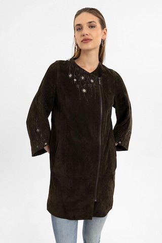 Kado Kahve Çiçek Nakışlı Kadın Hakiki Deri Kaban-olive Çok Renkli