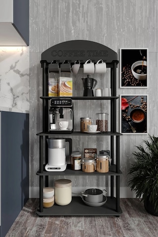 Coffee Time Dekoratif Kahve Standı Çok Amaçlı Dolap Siyah Siyah
