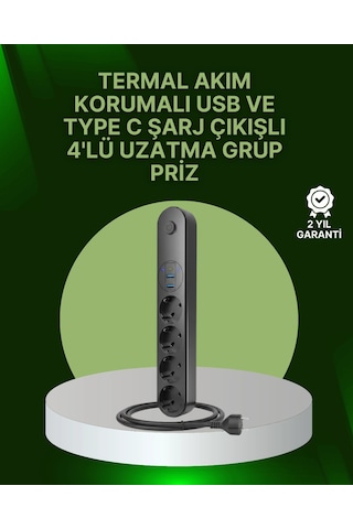 4 Priz 2 Usb 1 Type-c Akım Korumalı Çoklu Priz Led Anahtarlı 1