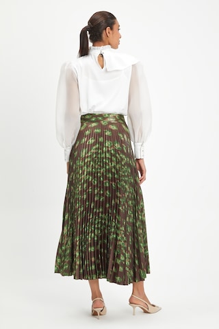 Kadın Desenli Pileli Midi Boy Etek - Yeşil