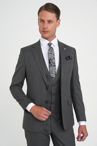 Efor Slim Fit Çift Yırtmaç Balıksırtı Desenli Yelekli Füme Takım Elbise Tk 923 Füme