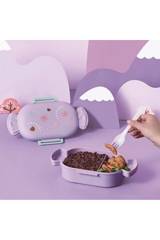 Sevimli Şeker Şekilli Çocuk Beslenme Kutusu Kaşıklı 2 Bölmeli Yemek Saklama Kabı Mor