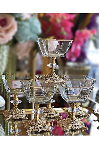Atabey Home 6 Adet Metal Döküm Ayaklı Gold Detaylı Magnolia-kase-dondurmalık-şekerlik